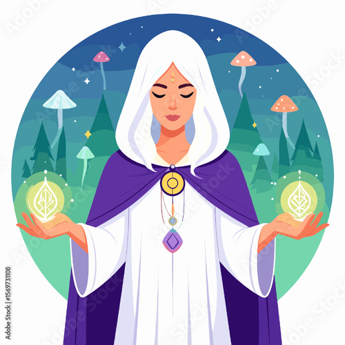 Enchanting Forest Dweller in Hooded Purple Cloak Holding Orbs of Light with Mushroom Grove and Starry Night Sky
