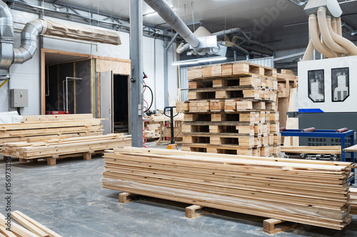 Furniture factory workshop with different wood items.