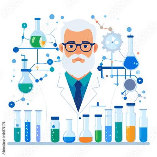 Expert Scientist in White Coat Surrounded by Glassware with Blue and Green Liquids Performing Chemical Research in a Laboratory with White Background