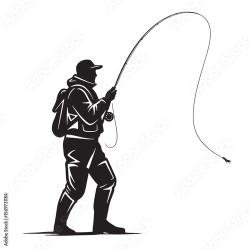 Fly fisherman silhouette casting fishing rod isolated on white background