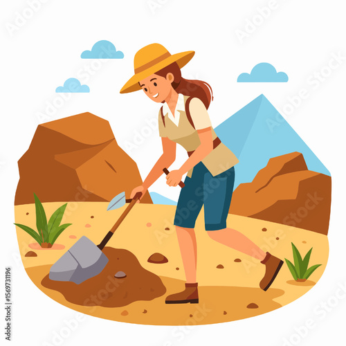 Female Archaeologist Dressed in Adventure Outfit Digging in Desert Soil with Shovel near Ancient Pyramid and Mountain Landscape Under Blue Sky