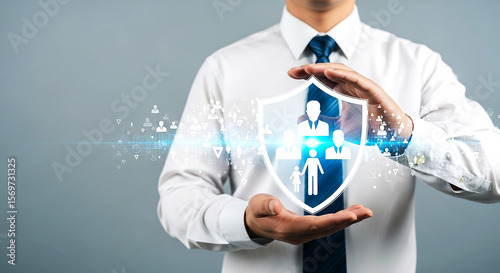 Insurance protection concept man holding shield family security safety assurance financial planning care