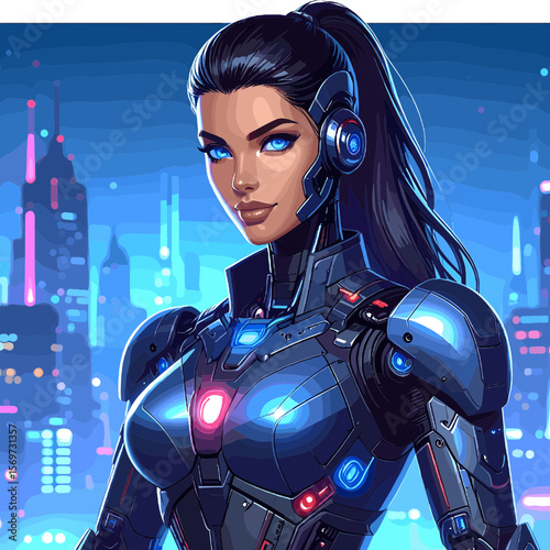 Futuristic Cyberpunk Woman in Metallic Blue Armor Overlooking a Glowing Cityscape at Night