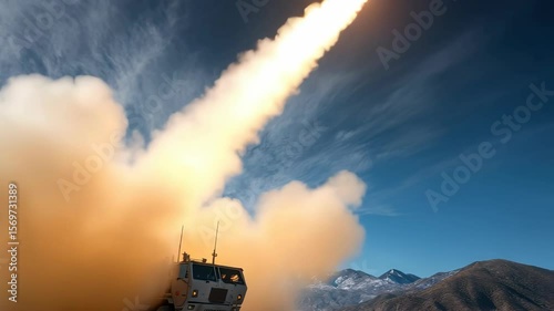 Missile Launch: A surface-to-air missile streaks upward, powered by roaring flames, against a backdrop of mountains and a dynamic blue sky. Defense Technology.