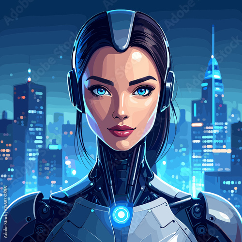 Futuristic Female Cyborg Portrait with Cityscape Background in Pixel Art Style Featuring Glowing Blue Accents