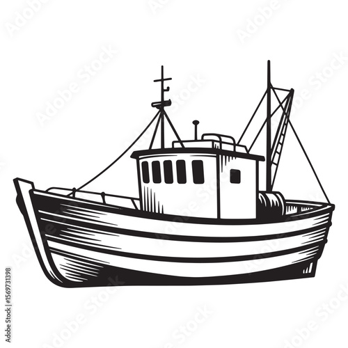 Hand drawn black and white illustration of a fishing trawler boat on a white background