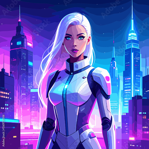 Futuristic Woman in White Suit Against a Vibrant Cityscape Background With Skyscrapers and Pink and Blue Lighting