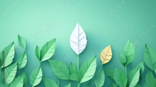 This image features elegant paper leaves in various shades of green on a soft green background, creating a tranquil and minimalist design perfect for nature-inspired themes.