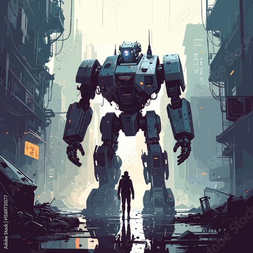 Giant Robot Standing in the Middle of Destroyed Urban Cityscape Featuring a Lone Silhouette Figure and Futuristic Architecture