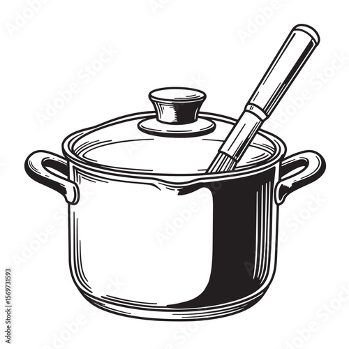 Hand drawn illustration of a cooking pot with a lid and a wooden spoon inside