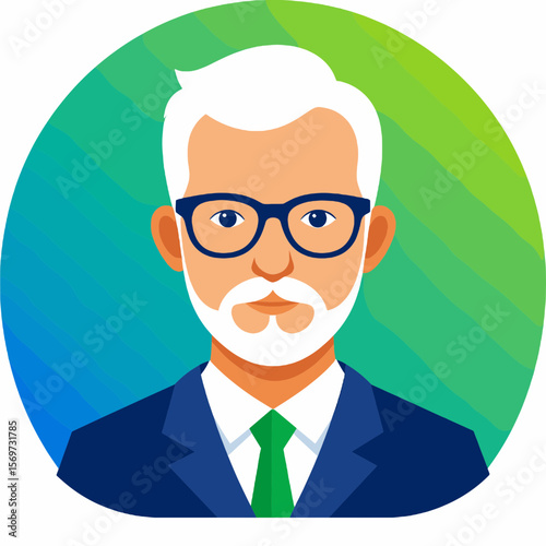 Illustrated Portrait of an Elderly Man with Gray Hair Wearing Glasses and a Blue Suit on a Green and Blue Circular Background