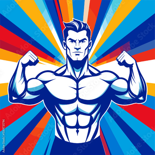 Illustrated Strong Muscular Man with Blue Tones and Burst Background Promoting Fitness Strength and Determination