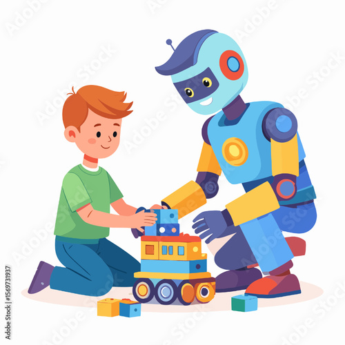 Illustration of a Boy Building with Toy Blocks Alongside a Blue and Yellow Robot Friend on White Background