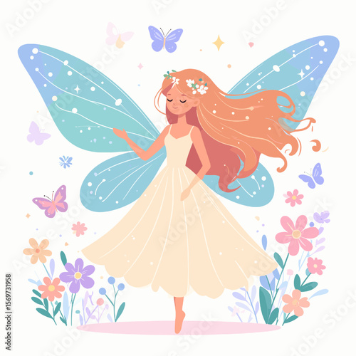 Illustration of a Fairy with Flowing Red Hair Wearing a White Dress Surrounded by Flowers and Butterflies with Pastel Blue Wings