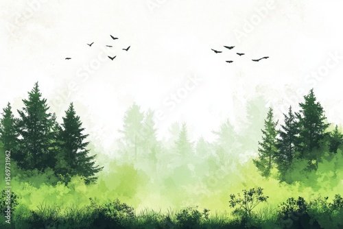 A serene misty forest landscape featuring lush green trees and silhouetted birds. This tranquil scene evokes a sense of peace and natural beauty.