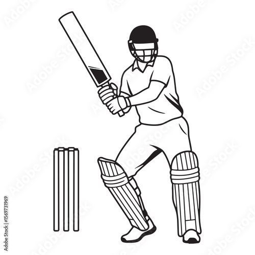 Illustrated black and white cricket player in stance ready to bat with wicket and protective gear