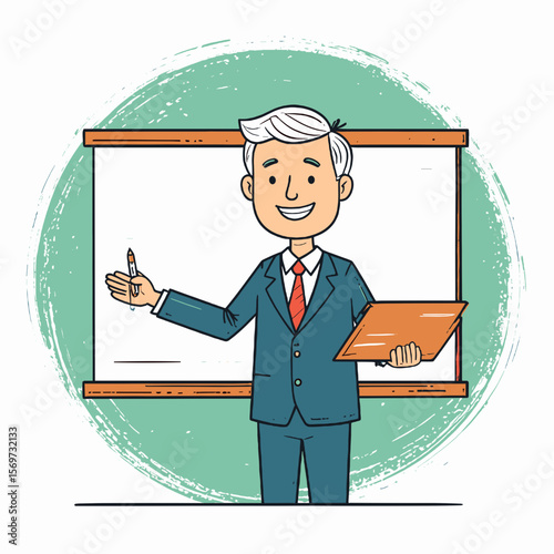 Illustration of a Teacher in Blue Suit Presenting at Whiteboard with Green Splatter Background Holding a Clipboard and a Marker