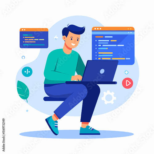 Illustration of a Young Man Coding on Laptop in Blue Green and White Surrounded by Coding Snippets and Abstract Shapes