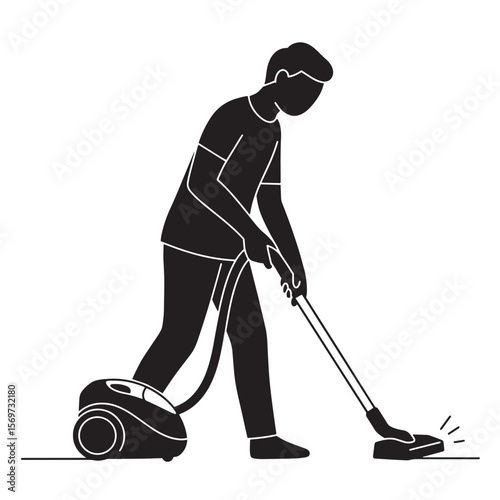 Man vacuuming the floor illustration showing the home cleaning or housekeeping process.