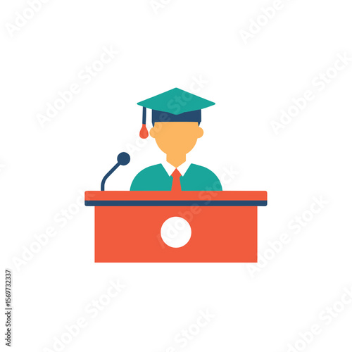 Illustration of Graduate at Podium Wearing Mortarboard Teal and Orange Color Scheme