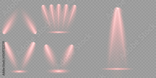 Red glowing stage light ray isolated on empty transparent background. Vector Set of Isolated Spotlight and Studio Lighting for Your Designs in Shades of red. Spotlight effect illuminated illustration.
