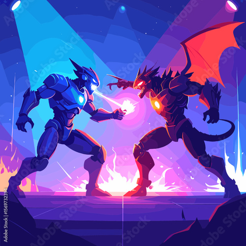 Intense Pixel Art Battle of Futuristic Blue Robot Versus Winged Red Dragon in Neon Lit Arena with Blue and Purple Tones