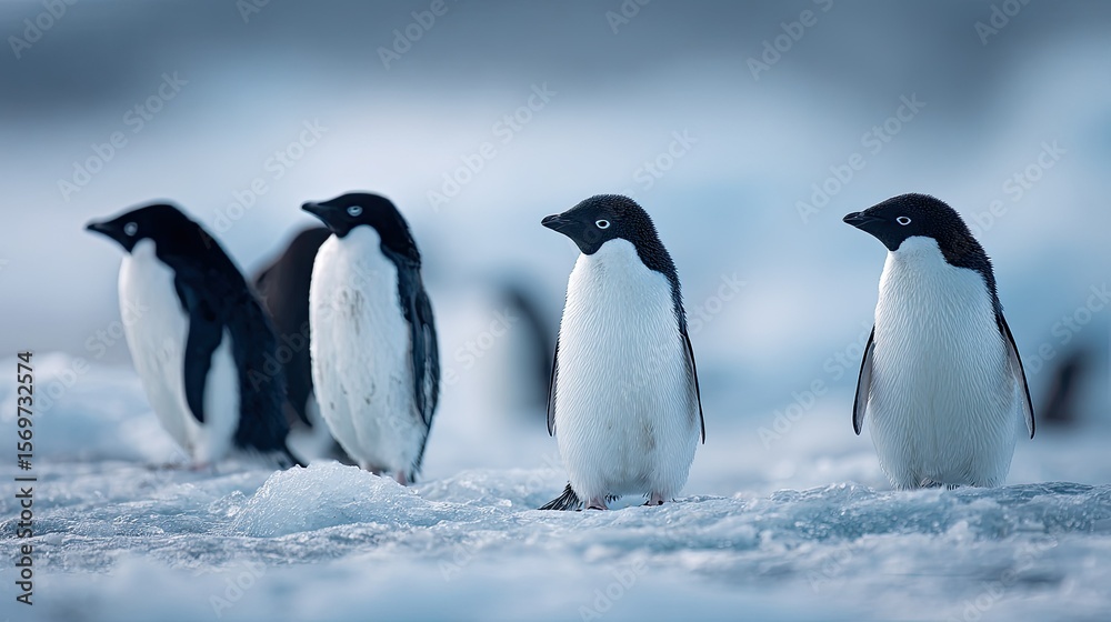 Obraz premium flat lay of a group of penguins on icy terrain, color tones: frost white, tuxedo black, and soft blue