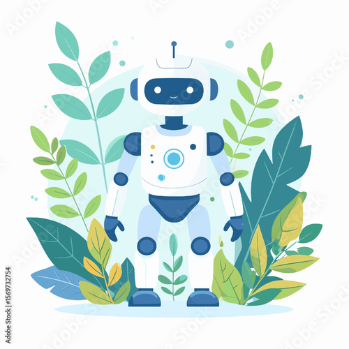 A Cheerful Robot Character Standing Amongst Lush Green Leaves in a Stylized Flat Vector Illustration Against Pale Blue Backdrop
