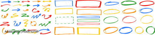 Big bundle of colorful hand-drawn design elements including arrows, rectangles, and oval marker shapes on transparent background. Vector EPS 10