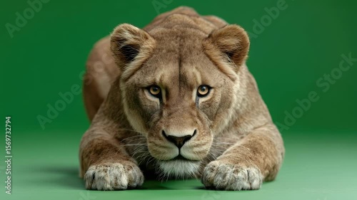 Lioness studio portrait against green background