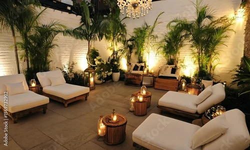 Wallpaper Mural Outdoor patio space, decorated with lush greenery,  wooden furniture, and warm candlelight Torontodigital.ca