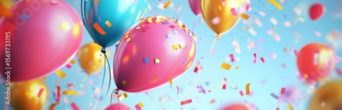 Bright and colorful balloons float joyfully amidst falling confetti, creating a festive atmosphere ideal for celebrations, events, and parties.