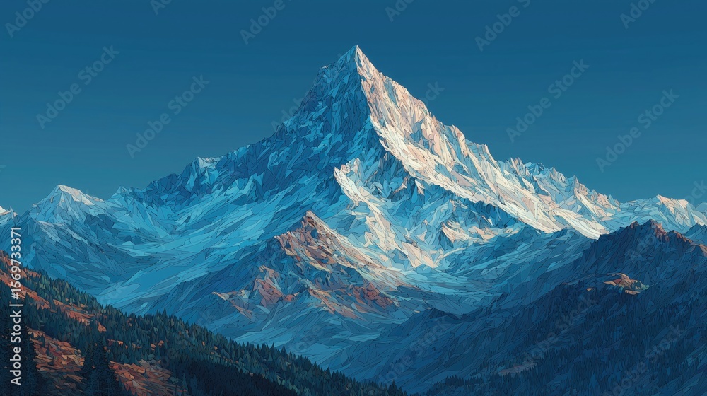 Fototapeta premium Polygonal Art Snow Mountain Landscape: Blue - Toned Peak With Icy Textures, Forested Slopes, And Clear Sky – Ideal For Wallpaper, Nature - Inspired Decor, And Outdoor Adventure Visuals