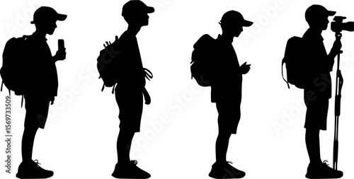 Vector silhouette set of a young traveler or videographer in various poses, drinking, holding a smartphone, a tripod and standing
