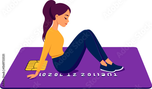 Vector illustration of a young woman sitting on a giant credit card, representing financial wellness and security