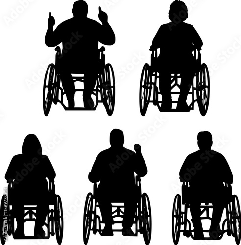 Multiple silhouettes of people sitting on wheelchairs, raising their arms and pointing with their fingers