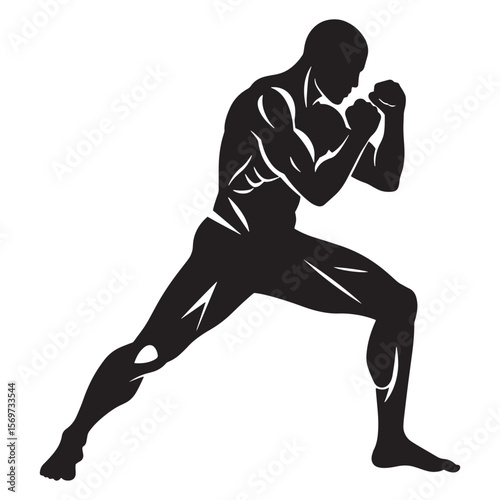Silhouette illustration of a boxer in fighting stance ready to attack isolated on white