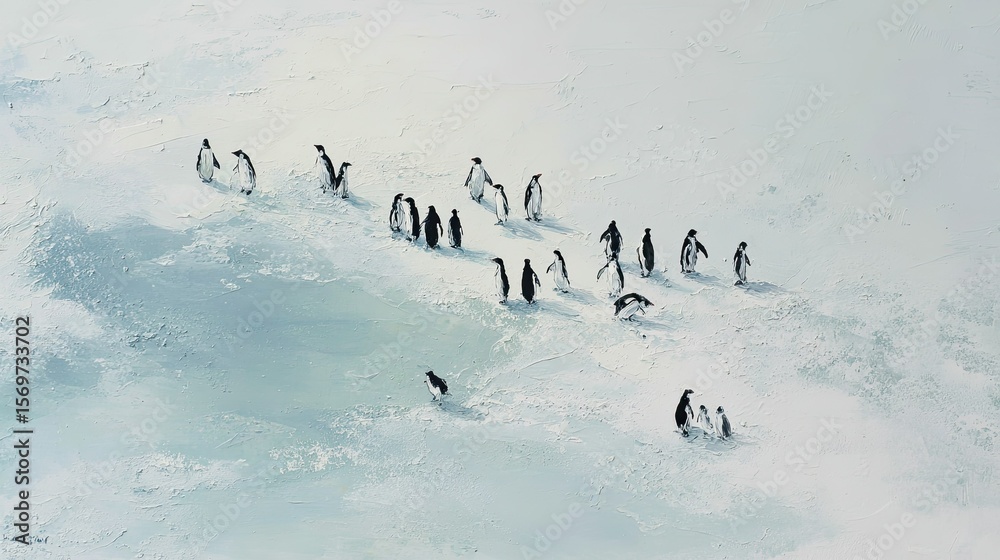 Fototapeta premium flat lay of a group of penguins on icy terrain, color tones: frost white, tuxedo black, and soft blue