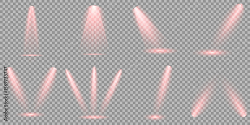 Vector Set of Isolated Spotlight and Studio Lighting for Your Designs in Shades of red. Red glowing stage light ray isolated on empty transparent background. Spotlight effect illuminated illustration.