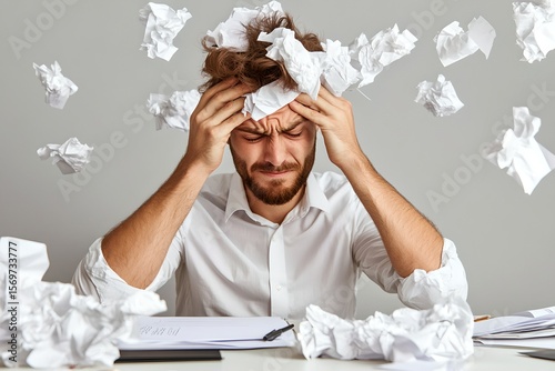 Stressed middle aged man in a white shirt and tie sitting at a messy office desk holding his head in his hands in frust n while working on a laptop and surrounded by crumpled papers