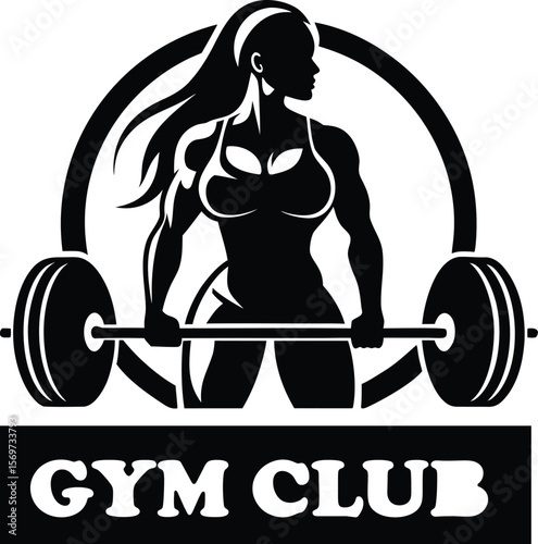 Strong and motivated woman lifting barbell for gym club logo in bold black and white