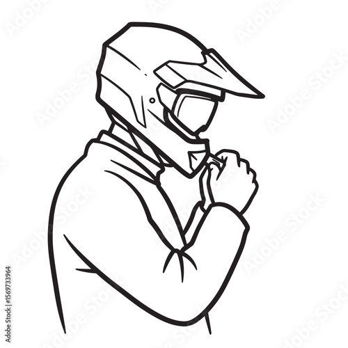 Silhouette illustration of a person wearing a motorcycle helmet and fastening chin strap