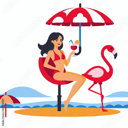 Beach Vacation Vibes-Woman Relaxing with Drink Under Umbrella-Cute Flamingo Friend-Tropical Holiday Illustration-Summer Getaway Scene