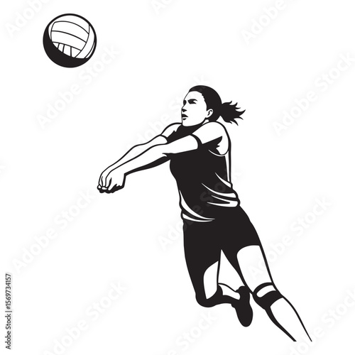 Silhouette of a female volleyball player spiking the ball with dynamic action