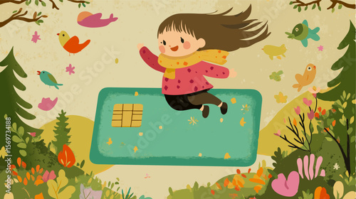 Whimsical illustration of a happy girl enjoying a carefree flight on a credit card, surrounded by birds, foliage, and a dreamlike autumnal atmosphere