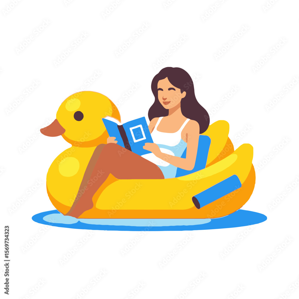 Fototapeta premium Relaxing Reads on a Duck Float- Woman Enjoying Summer- Book Time in the Pool- Floatation Device Fun- Summer Relaxation with a Book- Pool Time Reads- Sunny Days and Relaxation