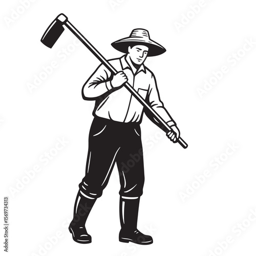 Silhouette of a farmer holding a hoe wearing a wide brimmed hat in vector illustration