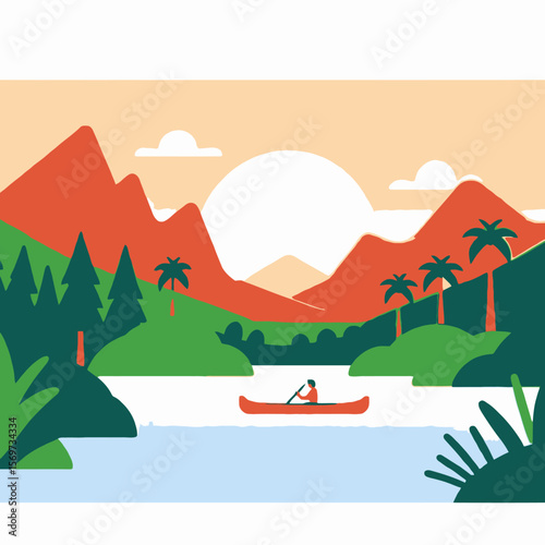 Serene Lake Landscape with Mountains and Canoe-Peaceful Nature Scene-Colorful Mountain Scenery-Man Paddling Canoe on Calm Lake-Tropical Mountain View Illustration