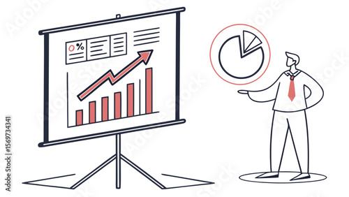 Business presentation showing data analysis and financial growth with pie chart and bar graph display