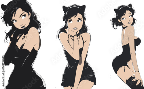 Three beautiful women with cat ears headband and black dress are posing in different positions